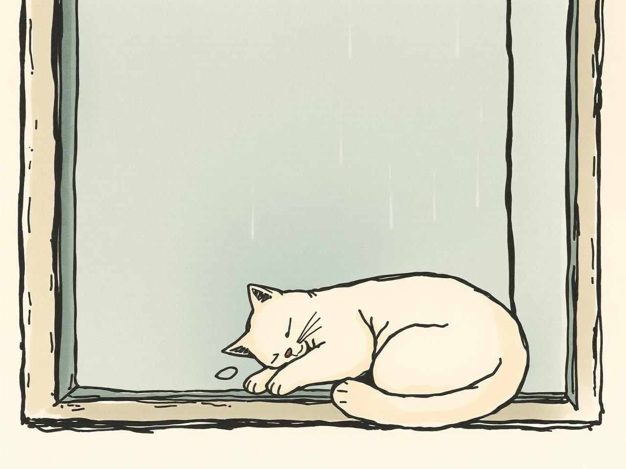 一隻貓蜷在下雨的窗台上